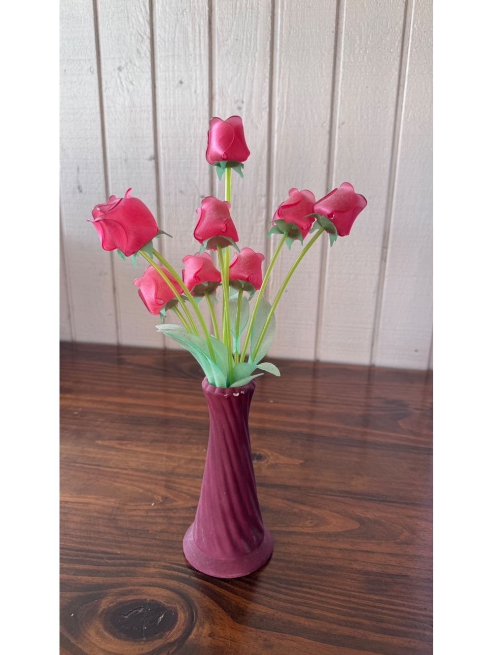 Artificial Pink Rose Flowers in Burgundy Ceramic Vase